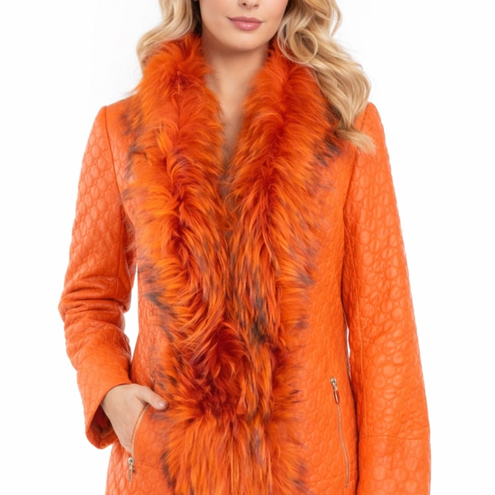 Vintage leather coat with fur trim, color orange‎